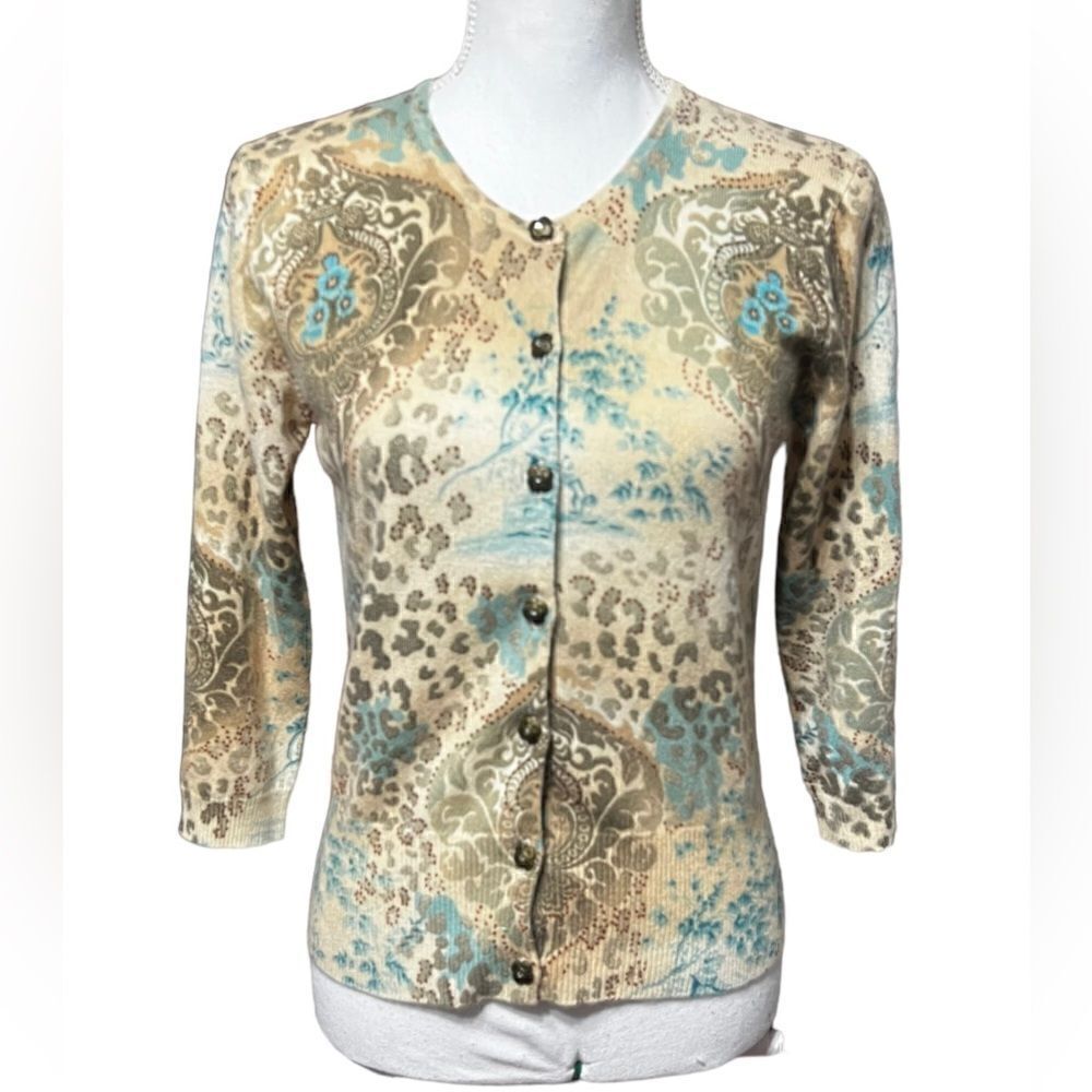 Kinross 100% Cashmere Leopard Victorian Print Sweater cardigan Size Small‎